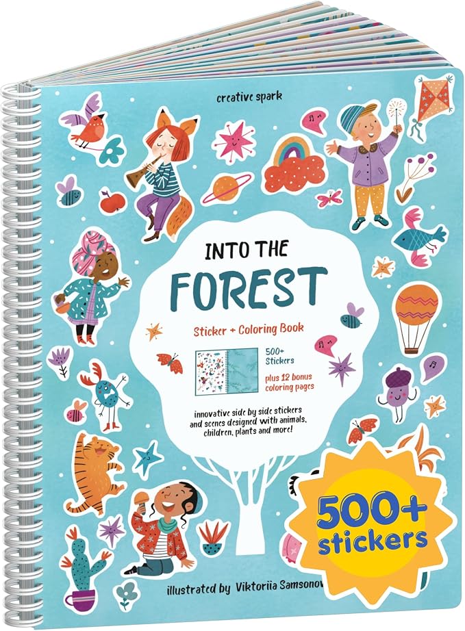 Cupkin Into The Forest Coloring & Sticker Activity Book | 500+ Stickers | Spiral-bound kids craft format with 12 scenes, 12 art pages, side-by-side viewing, and an easy-peel design for ages 2–8