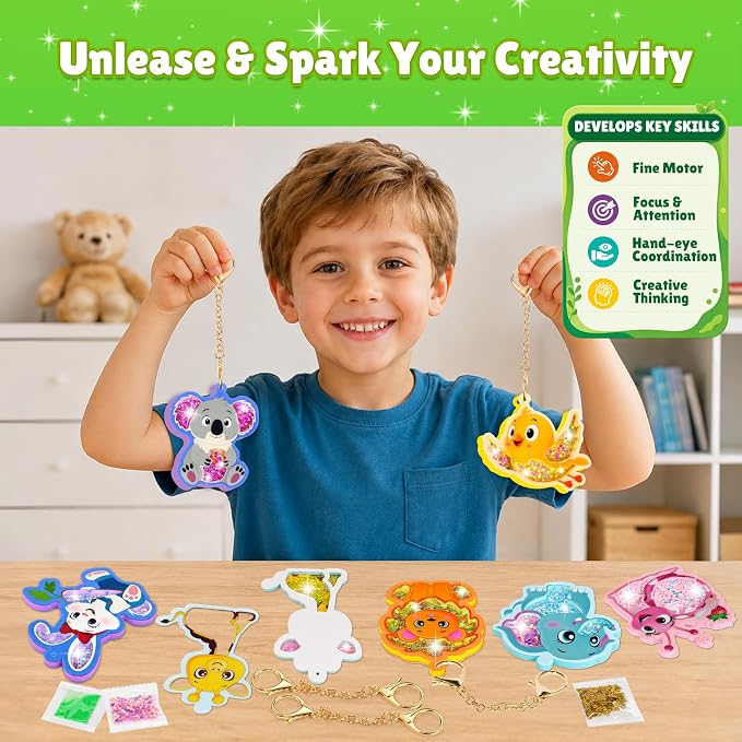 Fun Shake Glitter Craft Kits for Kids, DIY Arts and Crafts Keychains Kit | Art Supplies, Class Travel Activities, Party favors, Gifts for Girls & Boys 4yrs+