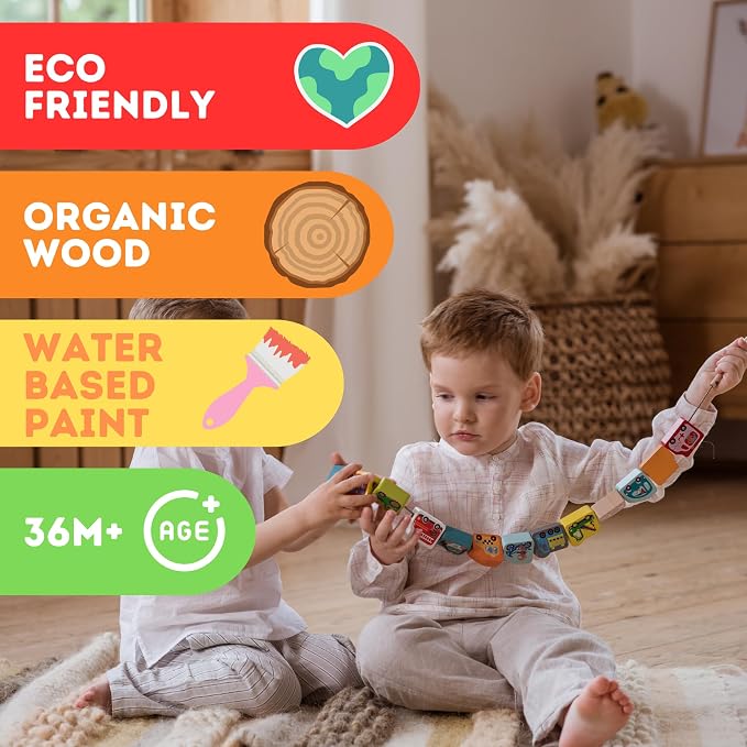 Wooden Flyring Cars Lacing Toy – Montessori Lacing Toy for Kids Ages 3+ – Wooden Lacing Cards with Threading String – Fine Motor Toy – FSC-Certified Wood, Travel Toy for Toddlers