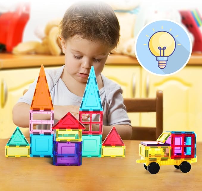 PicassoTiles Magnet Tile Building Blocks with Car Base Drawstring Storage Travel Bag Carry Case Magnetic Tiles Construction Toy STEM Learning Educational Kit Sensory Playset Preschool Kids 3+
