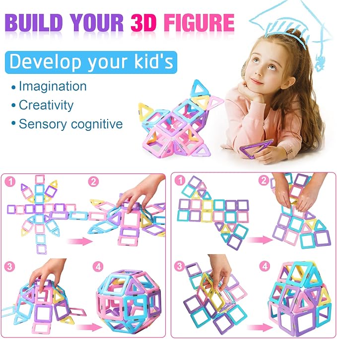 Tolnetr Magnetic Tiles Toys for 3 4 5 6 7 8+ Year Old Girls Boys Toddlers | Magnetic Blocks Building Macaron Castle Set for STEM Creativity Educational Toys for Kids Age 3-6 Christmas Birthday Gifts