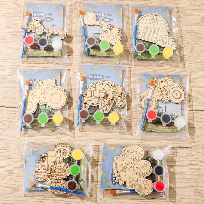 Saypacck 24 Pcs Tractor Farm Party Favors Wooden Paint Craft Kits | Farm Tractor Painting Toy with Brush Paints, Party Decor Goodie Bag Fillers, Organza Bags for Thank You Gifts