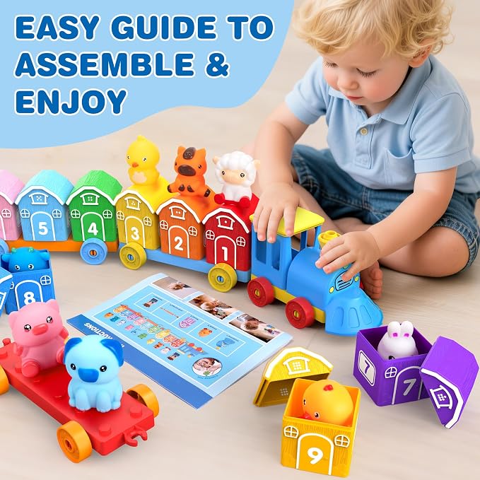 Montessori Learning Toy Toddler Animal Train Counting Barns Puppets | Montessori toy farm train set with 9 barns & 10 finger puppets for matching sorting, preschool gift for toddler boys girls