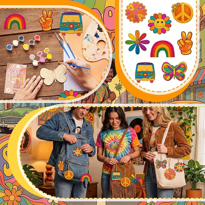 Saypacck 24 Pcs Groovy Boho Hippie Party Favors Wooden Paint Craft Kits | Retro Daisy Rainbow Decorations for Goodie Bags, Bulk Thank You Gifts with Organza Pouch, Boho Hippie Activities for Kids
