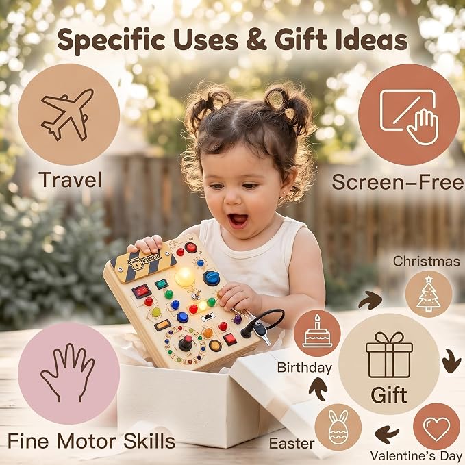 RichBoy Busy Boards, Lights Switch-Style, Wooden, 37-in-1, Medium | Toddlers Birthday Gifts, Montessori Toys, Autism Sensory, Fine Motor Skills, Educational Learning, Travel Essentials