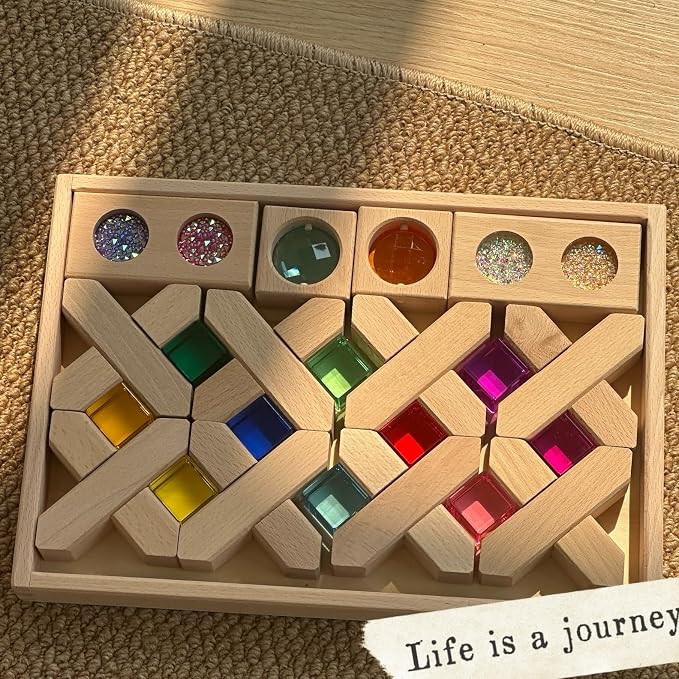22PCS Wooden Cross Shape Blocks with Colorful Acrylic, Sparkling Square Monochrome Kaleidoscope Gem Educational Construction Toy for Toddlers (22PCS Fence Mixed)