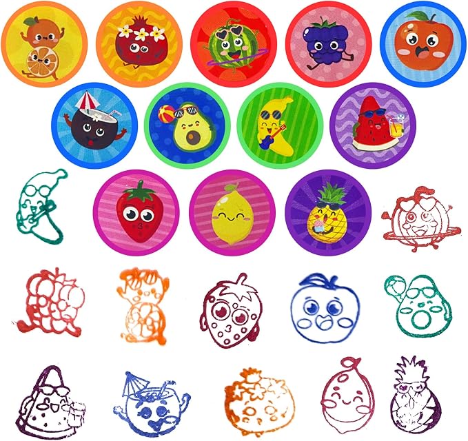 Cinrobiye 24 Pcs Summer Fruit Stampers Party Favor Set, Cute Fruit Stamps for Kids Birthday Party, Classroom Rewards, Carnival Prizes, Goody Bag Fillers, Summer Themed Party Supplies