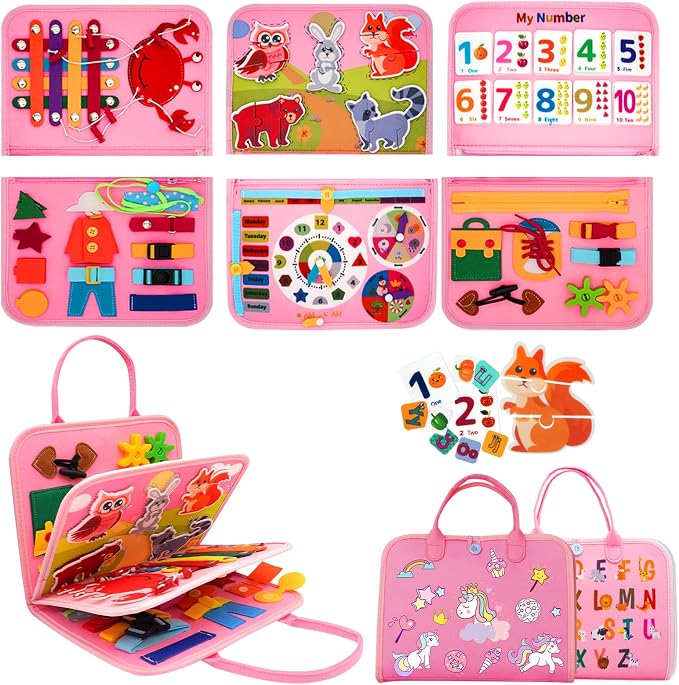MEGRANATE Montessori Busy Board, Busy Book Educational Learning Toys for Kids Quiet Book Activity Books Fine Motor Skills Toys for 3+ Year Old Kids (Pink)
