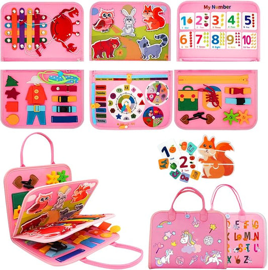 MEGRANATE Montessori Busy Board, Busy Book Educational Learning Toys for Kids Quiet Book Activity Books Fine Motor Skills Toys for 3+ Year Old Kids (Pink)