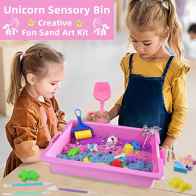 Unicorn Sensory Bin Sand Kit - 155 Pcs with 2.2lbs Sand, 9 Castle & 8 Unicorn Molds, 12 Tools, Tactile Sensory Fillers for Girls Age 4-9 Gifts
