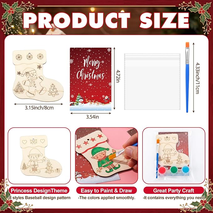 Saypacck 24 Pcs Christmas Stocking Party Favors Wooden Paint Craft Kits | Unicorn Mermaid Designs, Brushes Paints Organza Bags Included, Birthday Goodie Bag Fillers, Kids Girls Thank You Gifts