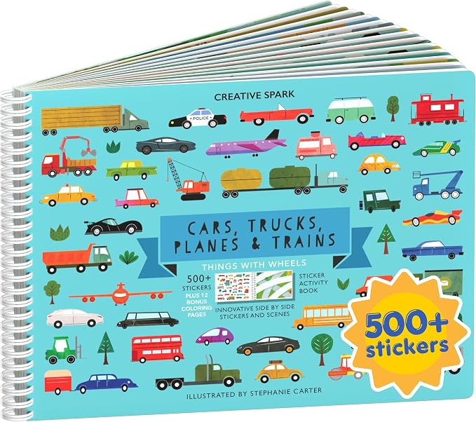 Cupkin Cars, Trucks, Planes & Trains Coloring & Sticker Book, 500+ Stickers | Spiral-bound kids craft format with 12 scenes, 12 art pages, side-by-side viewing, and an easy-peel design for ages 2–8