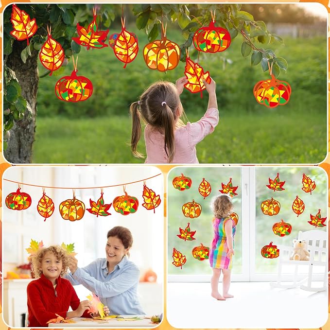 Qyeahkj 36 Set Fall Suncatchers Crafts for DIY Autumn Window Tissue Paper Crafts Kit Maple Leaves Pumpkin Hanging Decor for Thanksgiving Home Activity Art Project Birthday Party Favor Gift