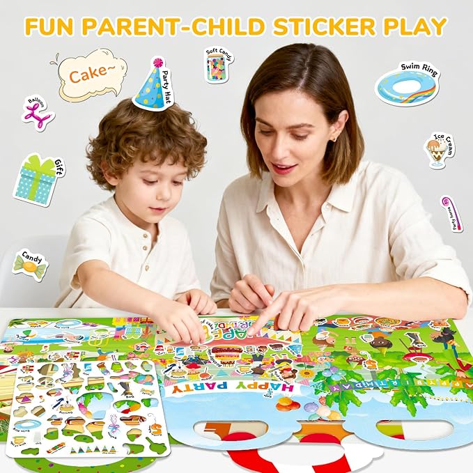 3 Sets of Reusable Jelly Stickers Books - Perfect for 3-6 Year Olds Jelly Stickers Books - Airplane and Car Travel Toys Educational Gifts for Boys and Girls (Beach+Supermarket+Party)
