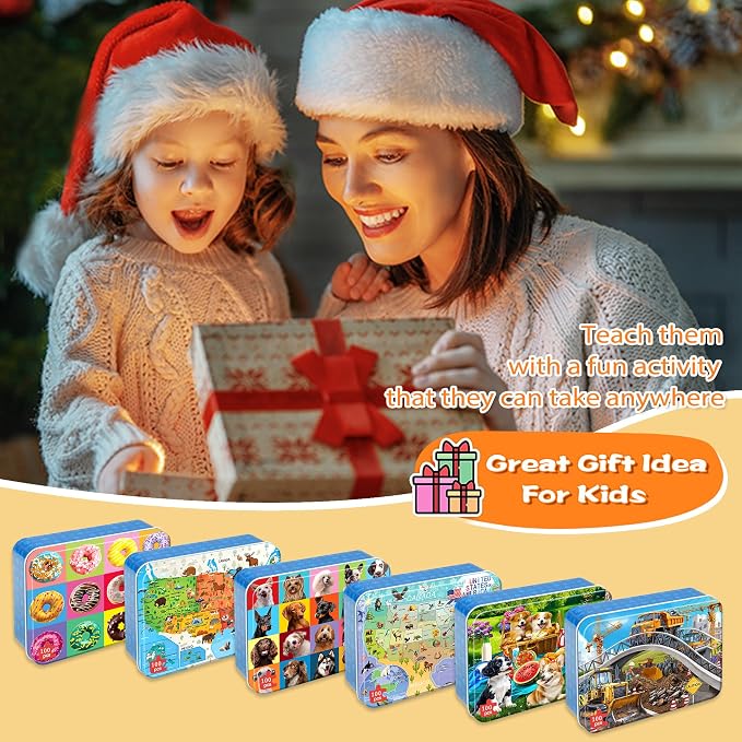 LELEMON Puzzles for Kids Ages 4-6,6 Pack 100 Piece Puzzles for Kids Ages 4-8 in a Metal Box,Educational Jigsaw Puzzles Puzzle Games Puzzle Toys for Girls and Boys