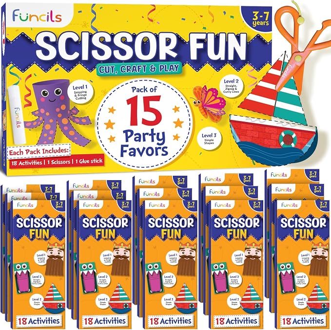 Funcils 15 Educational Kids Party Favors, Scissor Craft Kits, Age 3 4 5 6 7 | Scissor Skills Craft Activity Kits with Book, Scissors & Glue - Birthday Goodie Bags Stuffers, Classroom Gifts for Boys Girls