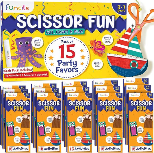 Funcils 15 Educational Kids Party Favors, Scissor Craft Kits, Age 3 4 5 6 7 | Scissor Skills Craft Activity Kits with Book, Scissors & Glue - Birthday Goodie Bags Stuffers, Classroom Gifts for Boys Girls