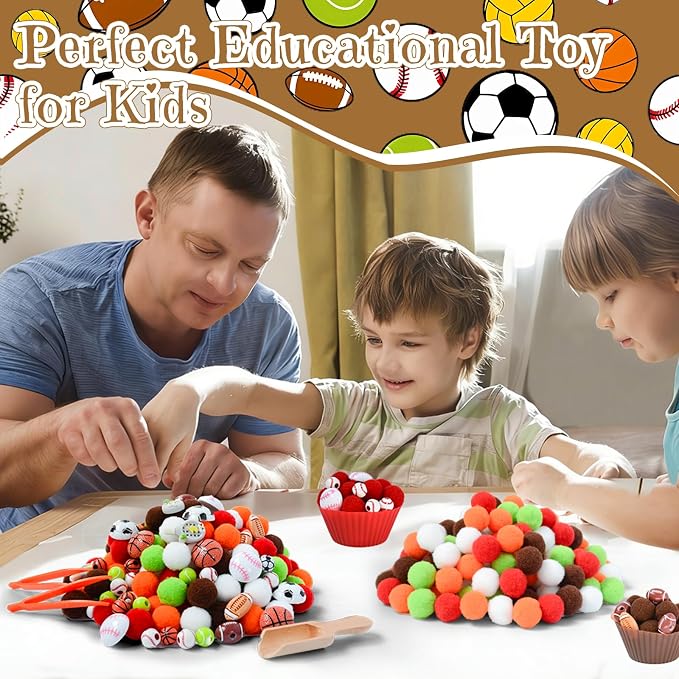 242pcs Sports Balls Sensory Bin Filler Fine Motor Toys Ball Sensory Bin Items Easter Soccer Baseball Basketball Football Tennis Sensory Bin Items Pom Poms for Color Counting Sorting