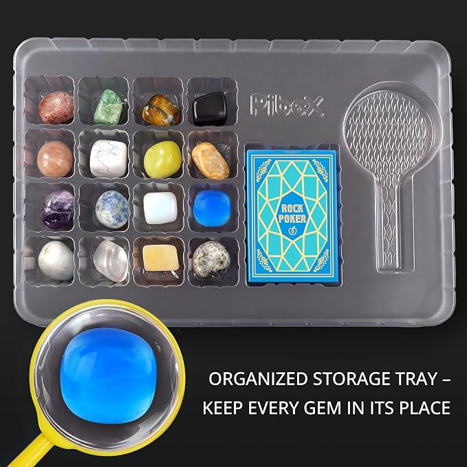 PIBEX Gemstone Collection Kit, 16 Gems & Crystals, Approx. 1-Inch / 2-3 cm | 16 Polished Gems, Amethyst to Opal & Moonstone, Game Cards, Learning Guide, Display Box, STEM Geology Gift for Kids Ages 6+