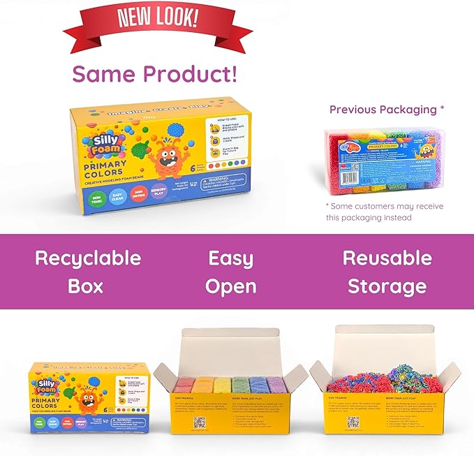 Silly Foam, Creative Modeling Foam Beads, 1-Pack of 6 Primary Colors, Easy Clean Up, Perfect for Preschool and Kids, Arts & Crafts, Sensory Play, STEM, Travel Toy, Holiday Gifts, Non-Toxic (Age 3+)