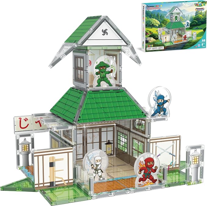 PicassoTiles Magnetic Tile Ninja Dojo Theme Set Two Sided Printed Designs Interior Exterior 3D Magnet Tiles 4 Character Ninjas STEM Education Learning Kit Building Blocks Toys Kids Ages 3 4 6 7 PTQ107