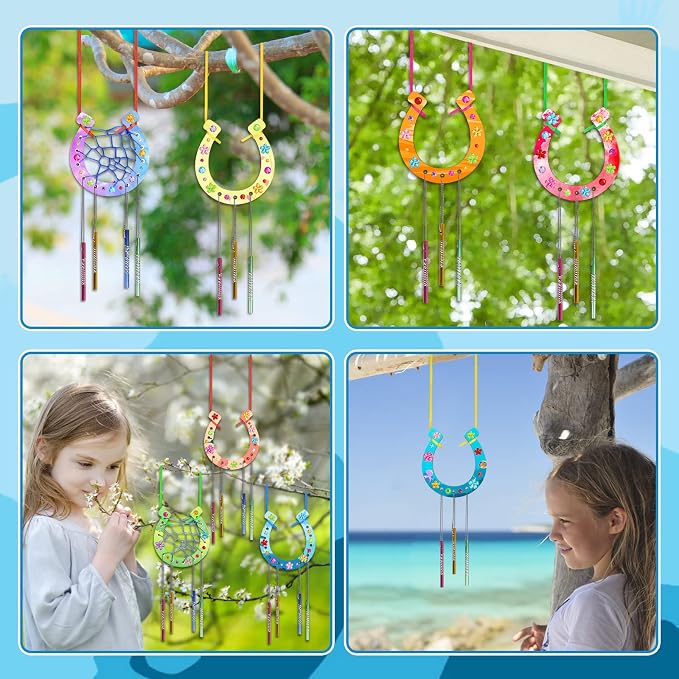 Fennoral 16 Pack Horseshoe Wind Chime Kit for Kids | Make Your Own Wooden Arts and Crafts Ornaments DIY Coloring Horseshoes Craft for Art Activity Birthday Supplies