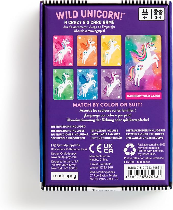 Mudpuppy - Wild Unicorn! Card Games for Kids | Ages 4+, Kids Version of Crazy 8s, Ideal for 3-4 Players, Unicorn Themed, Family Fun, Screen-Free Play, FSC Certified
