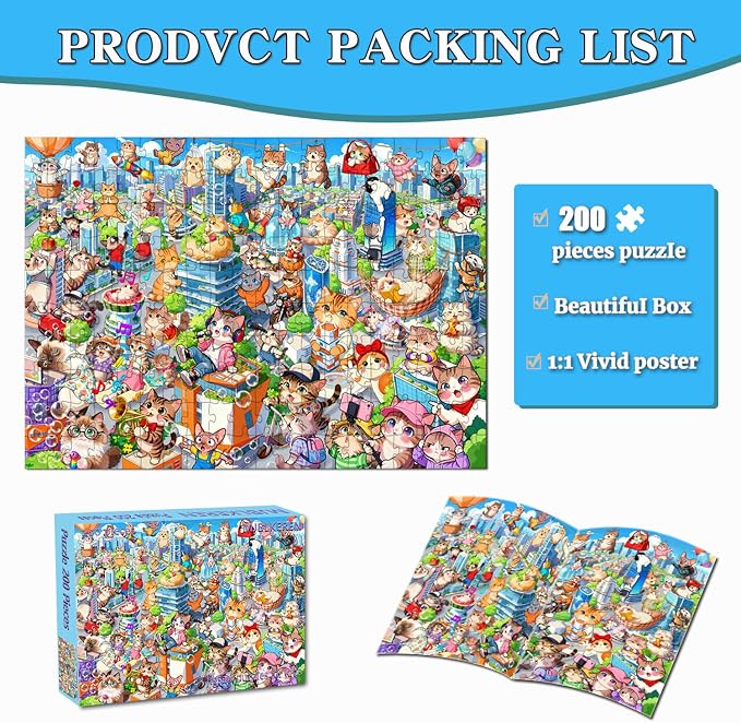 Puzzles for Kids Ages 6-8 8-10 - 200 Piece Puzzles - City Cats Puzzle | 200 Piece for Learning Educational Puzzles .Puzzles for 6 7 8 9 10 11 12 years old boys and girls.Learning Puzzle Toy