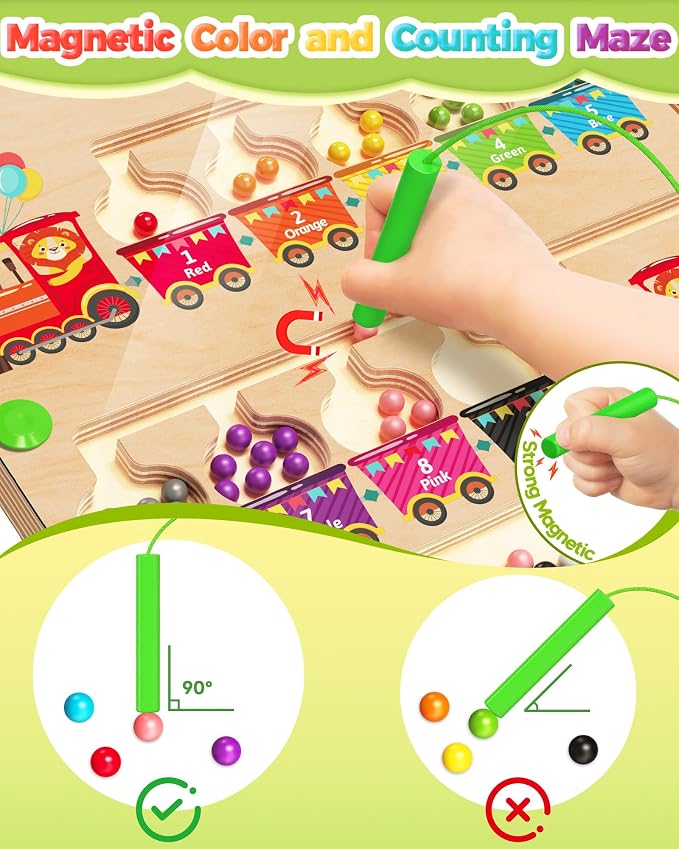 Magnetic Color and Number Maze, Montessori Toys for 2 3 4 Year Old- Train | Birthday Gifts for Girls Boys, Wooden Color Matching Puzzle Board, Preschool Learning Activities, Travel Toys for Ages 2-4