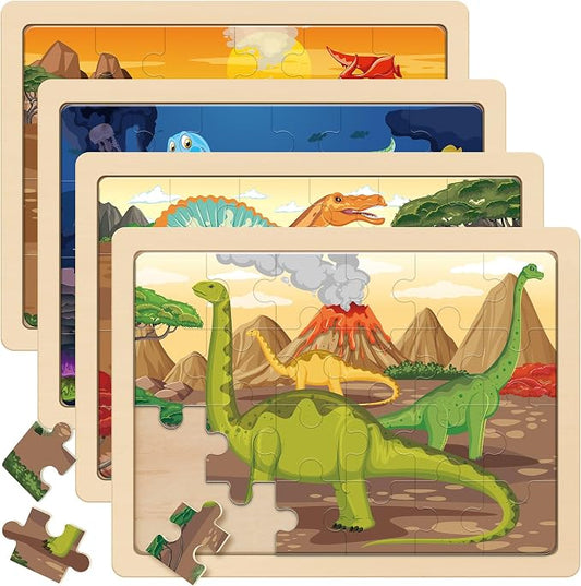 SYNARRY Large Dinosaur Wooden Puzzles for Kids Ages 4-6, 4-in-1 Gift Set | Dinosaur Puzzles for Toddlers & Kids Ages 3-5, Birthday Gifts for Boys & Girls, Educational Dinosaur Toys, Screen-Free Play