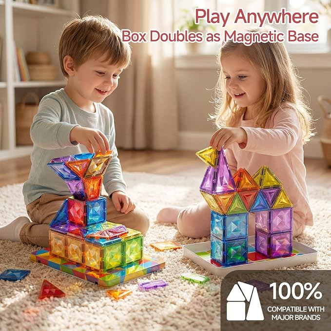 Large Diamond Magnetic Building Tiles: 48 PCS Deluxe 3D Play Blocks | 3x Sparkling Transparent Cut - 7.5cm Big Size STEM Sensory Toy with Tin Box Storage Organizer for Toddlers Age 3-6 Birthday