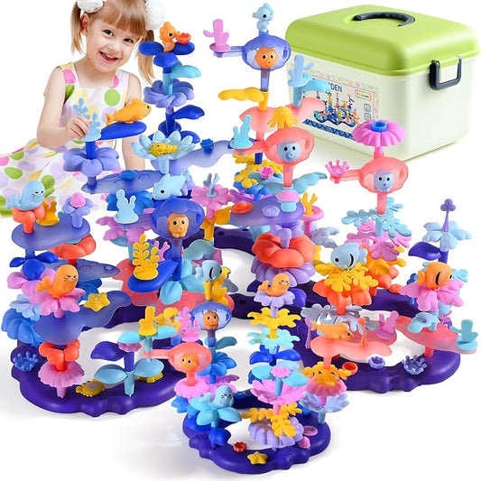 Doloowee 156Pcs Marine Coral Flower Garden Building Toys for Girls Age 3-8 | 156pcs BPA-free marine coral & ower garden building toys in a storage box. Screen-free STEM gift for girls ages 3-8.