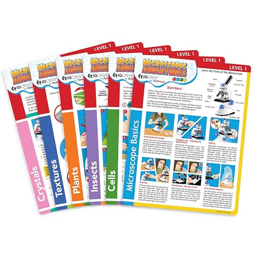 AmScope BK-EXCL1 Microscope Experiment & Activity Cards, Set of 6 | Six laminated cards with 14+ microscope experiments and illustrated step-by-step instructions.