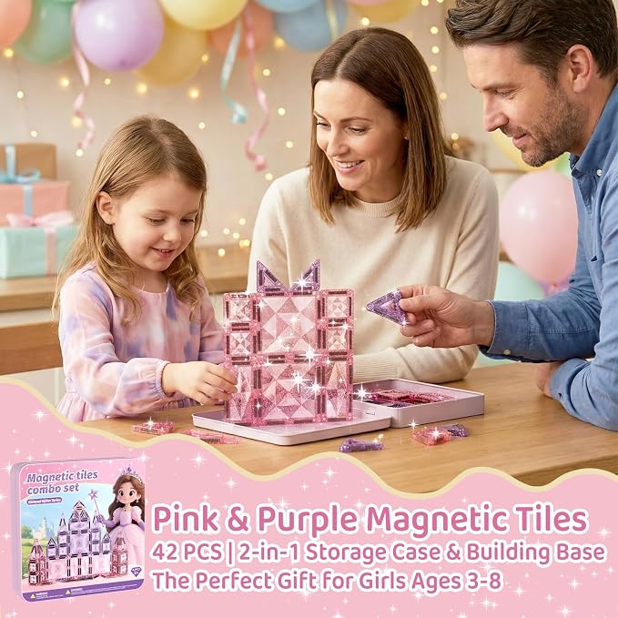 burgkidz Sparkling Glitter Magnetic Tiles: Castle Gift for Girls 3-8 | 42pcs pink-purple glitter, gift-ready tin, BPA-free, ASTM safe, strong magnets, 120min quiet, castle toy for girls 3-8