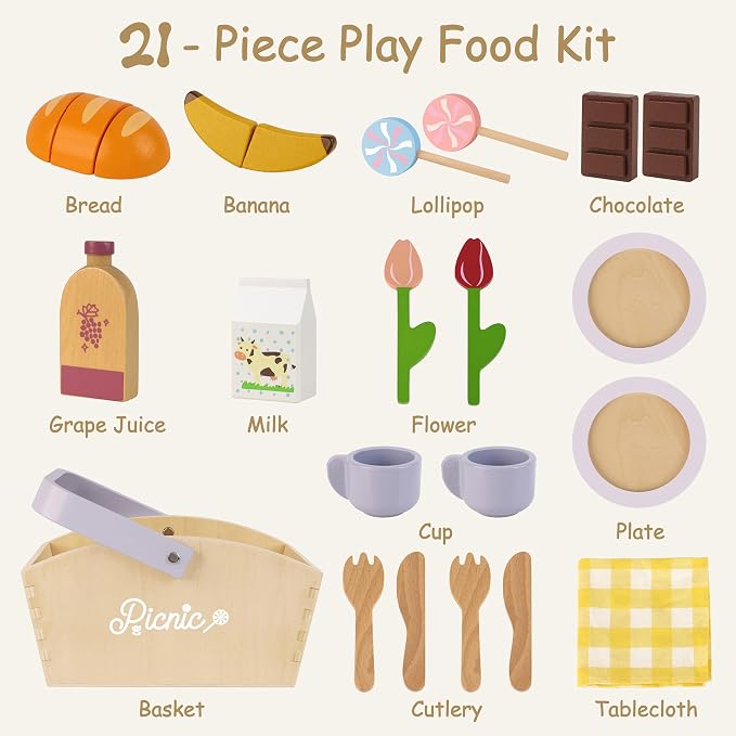 Pillowhale Wooden Picnic Basket Play Food Set – 21 PCS Pretend Kids Kitchen Toy with Blanket, Cutting Fruit & Dual Place Settings – Imaginative Outdoor Role-Play Gift for Toddlers Ages 3+