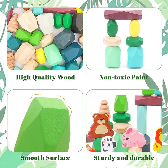 HAPGFS 51 PCS Wooden Stacking Rocks Toys Set for Kids Educational Stacking Blocks Building Blocks for Toddlers 1-3 Forest Theme Montessori Toys Creative Stacking Game for Children