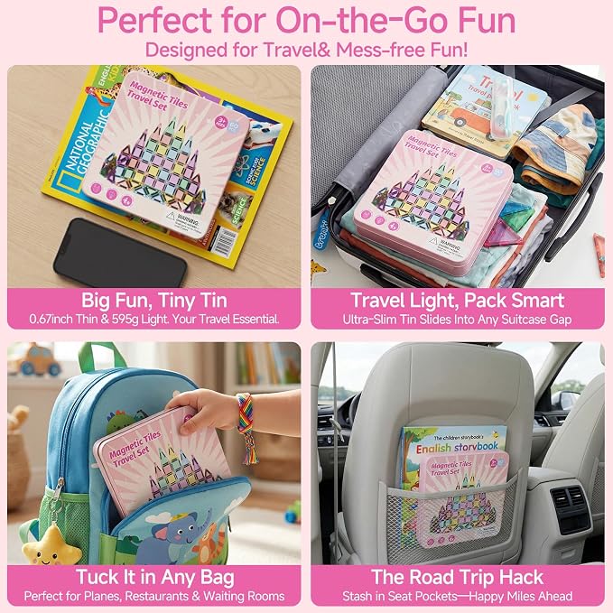Mini Magnetic Tiles for Girls Travel in Tin Box to Stop Crying | 60 PCS Pink Magnet Building Blocks - 60 Mins Quiet Play 30s Cleanup Toy - Car Airplane Essentials Ages 3-8