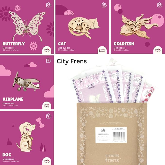 3D Wooden Puzzles for Kids Ages 8+, 5 Pack Animal Puzzles, FSC-Certified Wood, Plastic-Free Toy, STEM Kit for Kids Teens Adults, Wood Craft Model Kit, Individually Wrapped Party Favors - City Frens