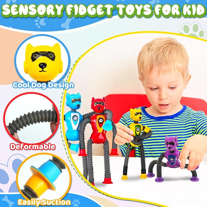 4PC Robot Dog Sensory Pop Tube Travel Toys for Boys Toddler Kid Airplane Car Toy Activities Autistic Road Trip Suction Tube for Boy 3 - 8 ADHD Autism Easter Basket Stuffers Valentine Gift