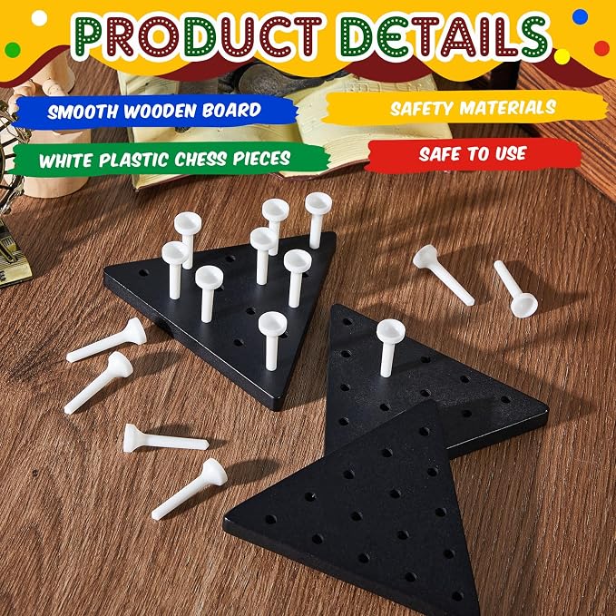 Zhanmai 10 Sets Wooden Triangle Peg Travel Game, White Peg Black Board