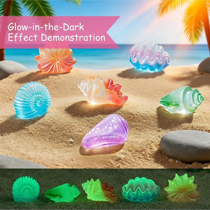 42Pcs Mini Resin Seashell Conch Figurines Small Sea Shell Figures for Craft | Tiny Bulk Plastic Shells Ocean Animals Aquarium Decorations DIY, Glow in the Dark, 7 Styles 6 Each, Mermaid Party Favors