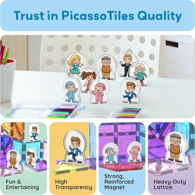 PicassoTiles 8pc Family Character Action Figures Accessory Add On Compatible with Magnet Tile Building Construction Sets STEM Pretend Play Educational Toys for Learning Preschool Kids Ages 3+ PTA110