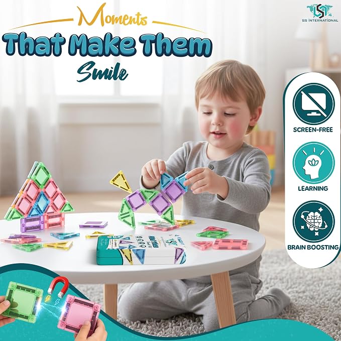 40 PCS Mini Magnetic Tiles Travel Set with Premium Metal Storage Case | Travel magnetic tiles designed for ages 3+ keep kids entertained during road trips, flights and family vacations.