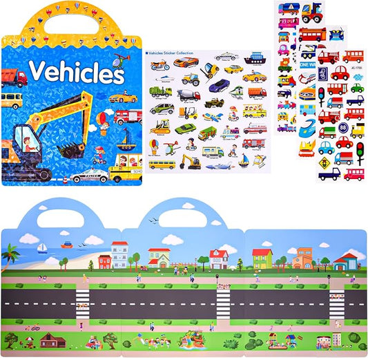 ASTARON 88 Pcs Vehicle Sticker Book for Toddlers, Reusable 3D Sticker Books Road Trip Activities Car Airplane Activities Travel Toys for Kids(2-6 Age) | 88 pcs Reusable Sticker,Waterproof Jelly Stickers, Portable Travel Toys,Educational Sensory Learnin...