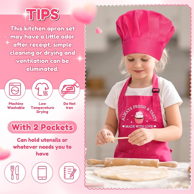 R HORSE Kid Apron and Chef Hat Set 2Pcs Adjustable Pink Children Kitchen Apron, Dress up Role Play Chef Toy Funny Cooking Baking Painting and Training Kits for Kids Birthday Holiday Gift