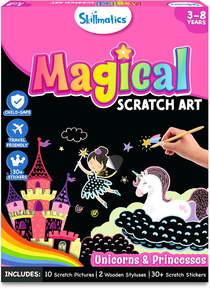 Skillmatics Magical Scratch Art Book – Unicorns & Princesses, Travel Toy | Craft Kit, Drawing & Coloring Supplies, 30+ Scratch Stickers, Screen-Free, Gift for Toddlers, Girls & Boys Ages 3, 4, 5, 6