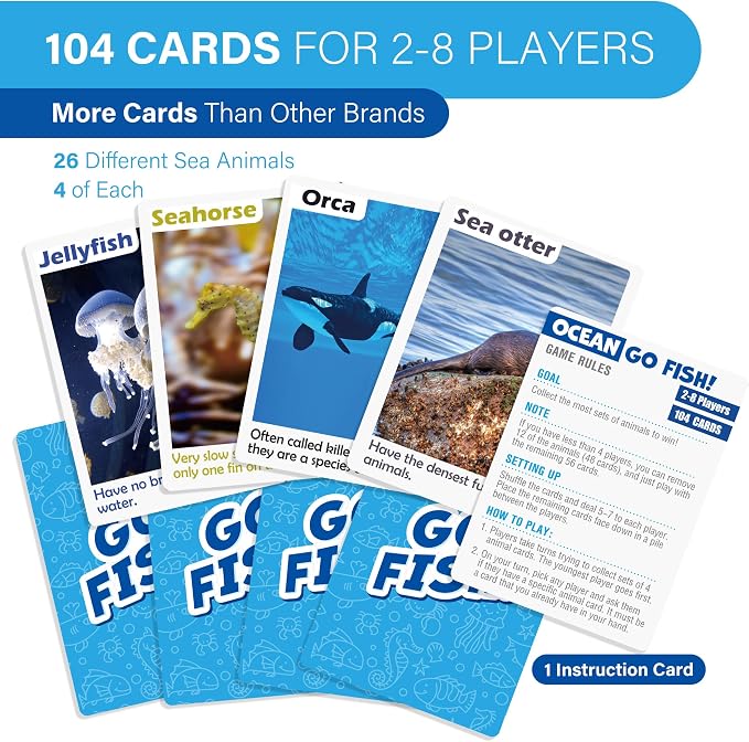 BenBen Go Fish Card Game for Kids, 104 Cards, Ocean Theme Memory Matching Game, Sea Animals Learning Playing Cards, Picture Cards with Real Photos, Fun Facts, 2-8 Players
