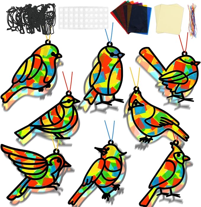 Lonfliness 32 Sets Bird Suncatchers Craft Kit DIY Birds Window Stained Glass Effect Paper Spring Home School Classroom Decoration Art Craft Creative Activity Project Gift Favor