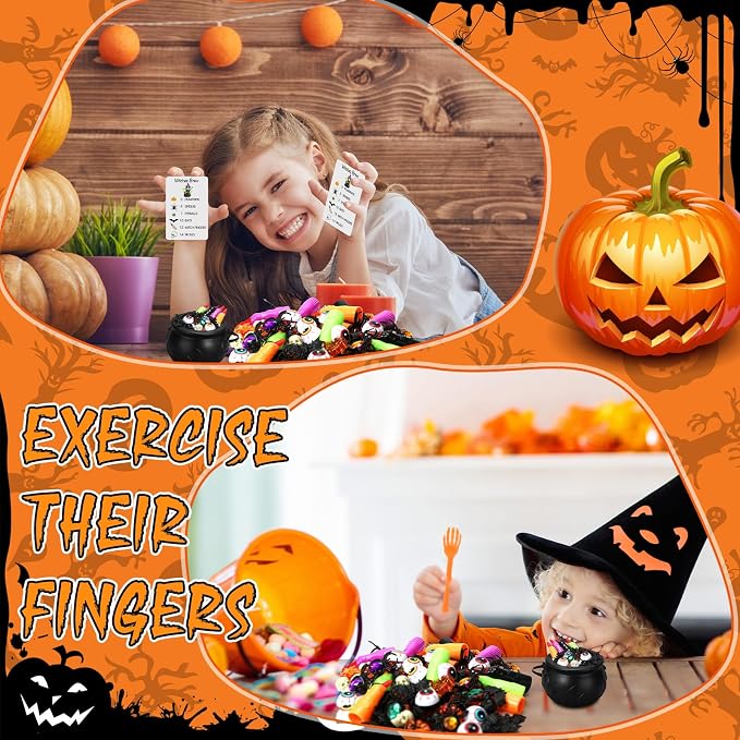 WinnerWhy 117 Pcs Halloween Sensory Bin Whistle Gold Spider Gift Set | Gold Spider Rings, Whistles, Eyeball Bat Skull Pumpkin, Cognitive Cards Sorting Counting, Fine Motor Sensory Training