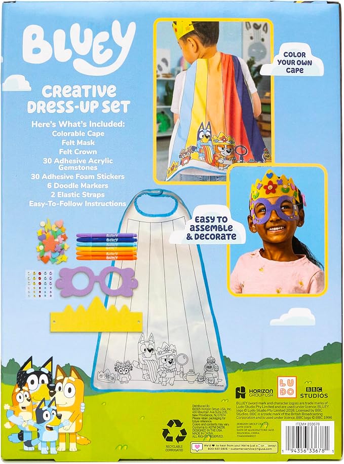 Bluey Creative Dress-Up Set, Includes Colorable Cape, Felt Crown, & Play Mask, Foam Stickers, Coloring Markers, and Gems, Bluey Toys, Toddler Activities, Dress Up Costumes for Kids, Fun Family Toy
